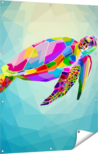 Gards Tuinposter Kleurrijke Schildpad in het Water - 90x120 cm - Tuindoek - Tuindecoratie - Wanddecoratie buiten - Tuinschilderij