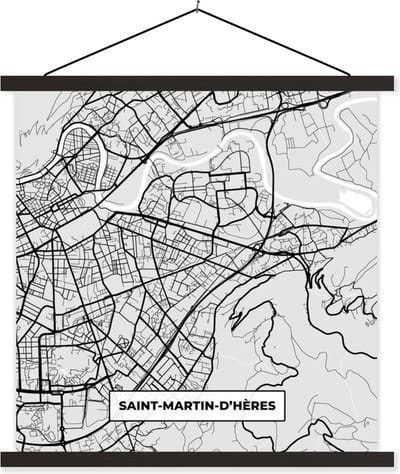 Posterhanger incl. Poster 60x60 cm - Schoolplaat - Frankrijk - Plattegrond - Kaart - Saint-Martin-d'Hères - Stadskaart - Textielposter - Zwarte latten - Stadskaart