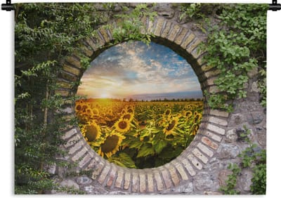 Wandkleed - Wanddoek - Zonnebloemen - Doorkijk - Bloemen - Zon - 120x90 cm - Wandtapijt