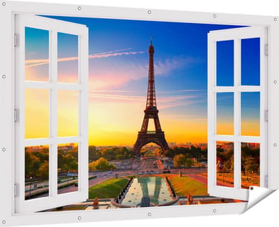 Gards Tuinposter Doorkijk Parijs Eiffeltoren tijdens de Zonsopkomst - 180x120 cm - Tuindoek - Tuindecoratie - Wanddecoratie buiten - Tuinschilderij