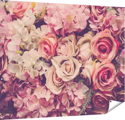 Gards Tuinposter Roze Rozen Achtergrond - Retro - Bloemen - 150x120 cm - Tuindoek - Tuindecoratie - Wanddecoratie buiten - Tuinschilderij