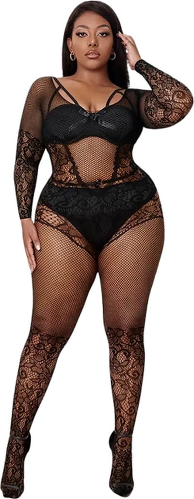 LekkerStout Plus Size Bodystocking - Club - Zwart - Sexy Lingerie | M-XL | ( LS223E )