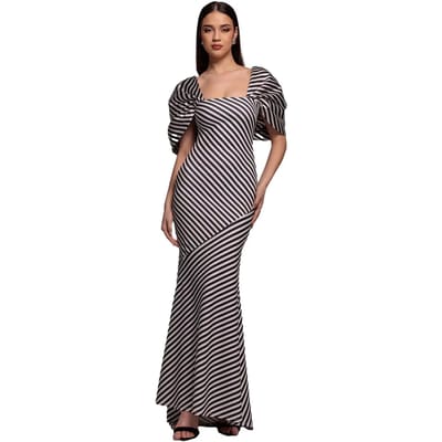 Strak gestreepte lange jurk met off-shoulder en satijnen strik op de rug dames Goddiva
