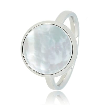 My Bendel - Zilverkleurige Ring met Ronde Pearlshell - Zilverkleurige Ring - Ronde Parelmoer - Sprankelend Sieraad - met Luxe Cadeauverpakking | Sieraden Voor Dames | Maat 16.00 Mm / Maat 50