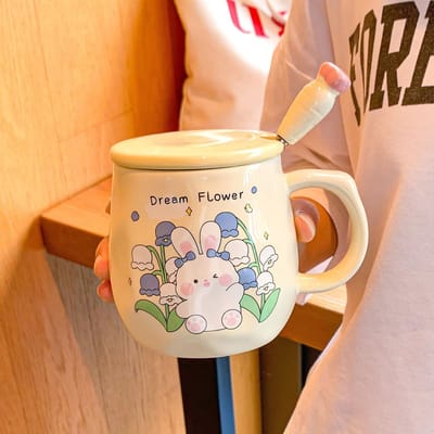 Mok met Deksel en Lepel voor Meisjes Schattige Keramische Beker Kinderen Hoge Waarde Waterbeker Slaapzaal Koffie Ontbijtbeker Mannen 301-400ml