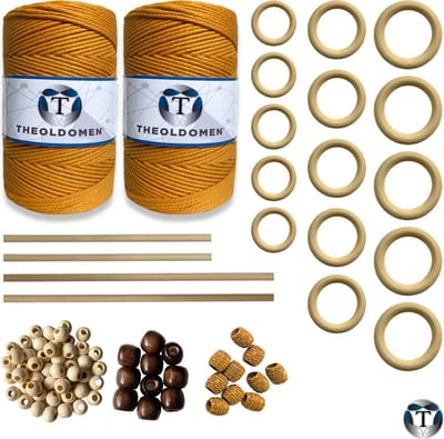 XXL Macramé Pakket | 400 METER | Incl. Handleiding | Goudgeel | Starter Set | Ringen | Kralen | Stokken | Macramé Touw | 3mm | 100% Katoen | Macramé | Decoratie | DIY | Doe Het Zelf | Wandkleed | Dromenvanger | Plantenhanger | Tassen | TheOldOmen