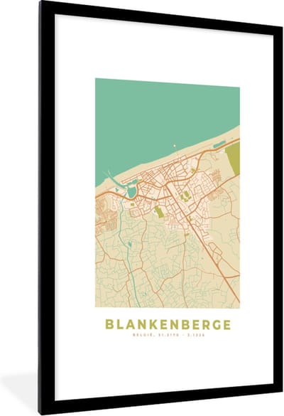 Fotolijst incl. Poster - Plattegrond - België - Kaart - Vintage - Blankenberge - Stadskaart - 60x90 cm - Posterlijst