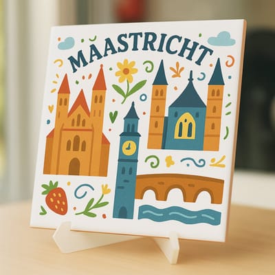 Tegeltje Maastricht - 15×15 cm – Keramiek – Decoratief Souvenir – Inclusief Transparante Houder / Ezel – Cadeau - Tegeltjes met tekst