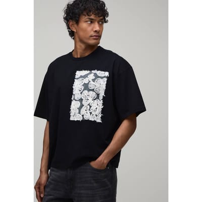Oversized Boxy Heavyweight T-shirt Met Bloemenversiering | Black | Size Small