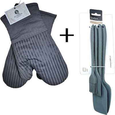 Set Ovenhandschoenen en siliconen Keukengerei-spatel combi grijs