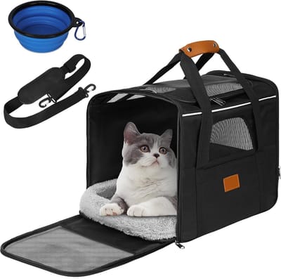 kattentransportdozen met verstelbare schouderriem, ademende hondentas, transportbox met opvouwbare schaal en zacht kussen, voor grote katten en puppy's tot 7 kg, zwart