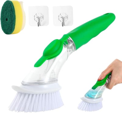 Afwasborstel met afwasmiddeldispenser, vulbare vaatborstel | 2 reserveborstelkoppen, schuurvrij, vulbare afwasborstel voor servies, potten, keukenspoelbakken, reiniging, met 2 haken