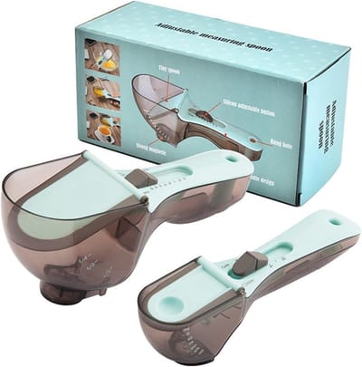 Maatbeker – maatlepels – Instelbare Maatlepelset – All-in-One Maatlepels voor Vloeistoffen & Droge Ingrediënten – Met Magnetische Onderkant en Duidelijke Schaalverdeling – Set van 2 (Groot & Klein)