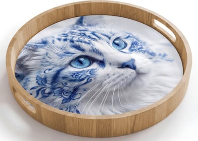 Dienblad rond 40x40 cm - Schootdienblad hout - Kat - Patroon - Blauw - Borrelplank rechthoek - Plateau houten dienbladen