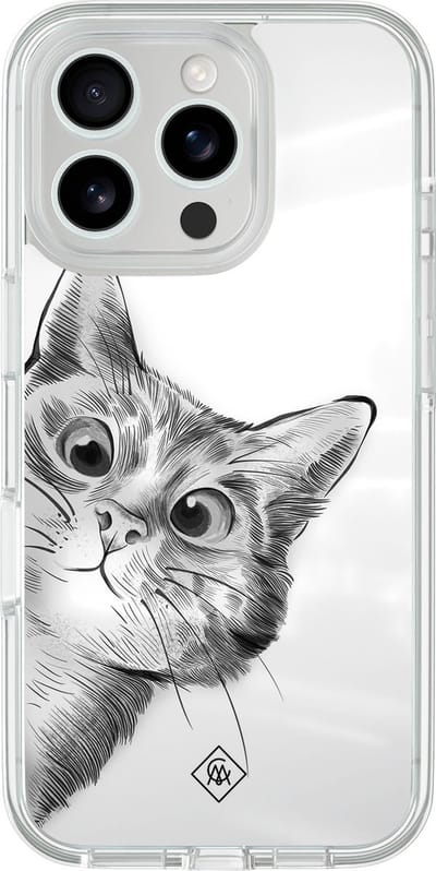 Casimoda® hoesje - Geschikt voor iPhone 16 Pro - Kat Kiekeboe - 2-in-1 case - Schokbestendig - Illustratie - Verhoogde randen - Grijs, Transparant