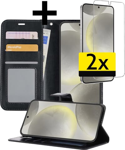 Hoesje - Met 2x Screenprotector - Geschikt voor Samsung Galaxy S24 - Luxe Pasjeshouder - Bookcase Portemonee - Flip Case - Kunstleer Book Case - Flipcase Hoes - Book Cover - Walletcase - Portemonneehoes - Telefoonhoesjes - Zwart