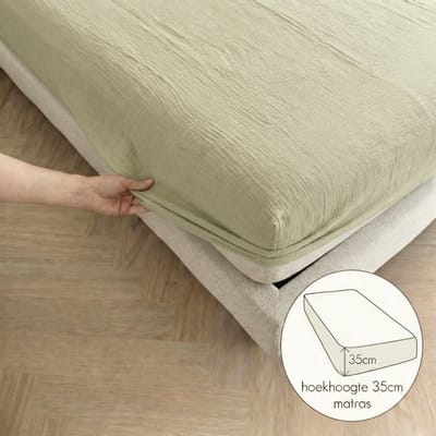 Kayori Caro Hoeslaken Mousseline - 160x200-210cm - 100% biologisch katoen - Matrasdikte 35cm - Olijfgroen