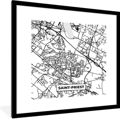 Fotolijst incl. Poster Zwart Wit- Stadskaart - Saint-Priest - Plattegrond - Kaart - Frankrijk - Zwart wit - 40x40 cm - Posterlijst