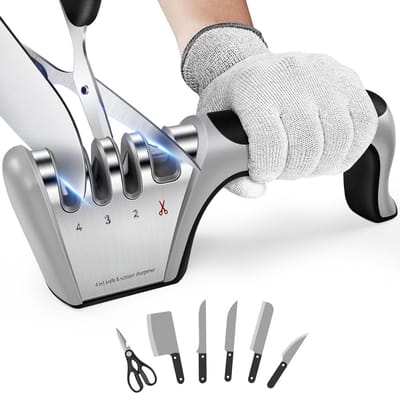 PromoHome Professionele 4-in-1 Messenslijper - 4 Slijpstanden met Verschillende Slijpkoppen voor Keukenmessen en Scharen - Inclusief Anti-Snij Handschoen - Zilver