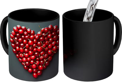 Magische Mok - Foto op Warmte Mokken - Koffiemok - Kersen - Hart - Rood - Zwart - Magic Mok - Beker - 350 ML - Theemok