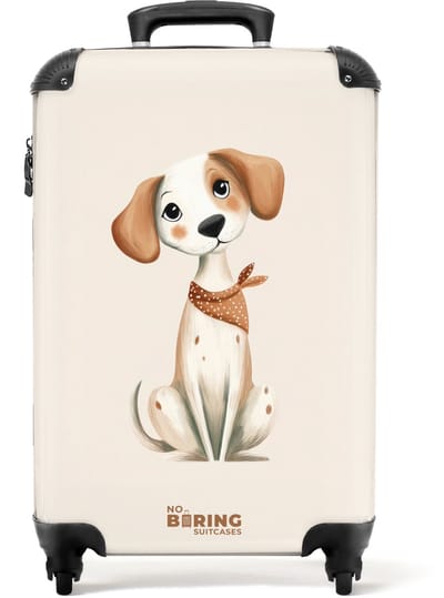 NoBoringSuitcases.com® - Kinderkoffer - Kindertrolley jongen en meisje - Bruin gevlekte pup op een beige achtergrond - Handbagage koffer lichtgewicht - Reiskoffer trolley kinderen - Rolkoffer met wieltjes - Past binnen 55x40x20 en 55x35x25