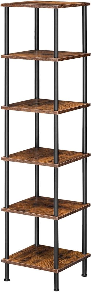 6-Tier Hoekplank voor Woonkamer, Vrijstaande Industrieel Hoekplank voor Boeken en Decoratie, Multifunctionele Plank voor Thuis en Kantoor, Bruin en Zwart