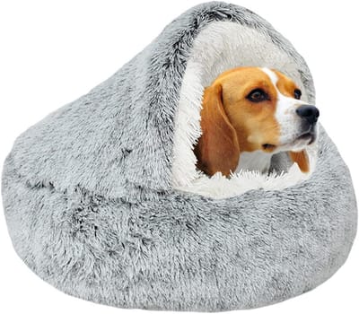 Kalmerend hondenbed, donut knuffelnest, warm, zacht pluche hondenkussen met gezellige spons antislip bodem voor kleine middelgrote honden snooze slapen binnen (50 cm-grijs)