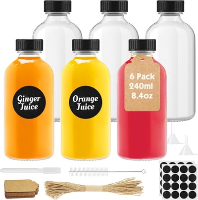 Famanu - Set van 6 glazen shotflessen 240 ml met deksel, trechter en borstel, geschikt voor gember en sap – Transparant
