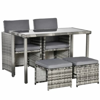 Tuinset - 11-delige Zitgroep - met 1 Tuintafel, 2 Krukken & 2 Stoelen met 6 Kussens - Tuinmeubelset voor 4 Personen - Tuintafelset - Tuin Eetset - Diningset - Zitset - Weerbestendig - Loungeset - Eethoek - voor Terras, Balkon, Tuin - Grijs