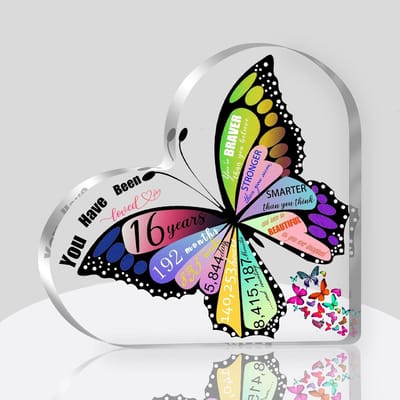 Cadeaus voor 16 jaar oude meisjes, zoete 16 cadeaus voor meisjes, 16e verjaardag decoraties/verjaardag decoratie acryl hart aandenken 6" X 6", vlinder geschenken, unieke zoete zestien