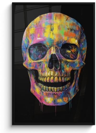 Poster in lijst - Fotolijst 80x120 cm - Posters - Penseelstreken - Schedel - Kleurrijk - Abstract - Posterlijst zwart - Decoratie - Wanddecoratie woonkamer - Muurdecoratie slaapkamer