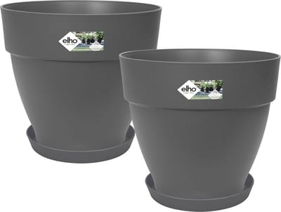 ELHO Lot de 2 pots de fleurs rond avec soucoupes Vibia Campana + Loft - Ø29,8 x H25,8cm + soucoupe Ø21 x H2,8cm - 22 L - Noir