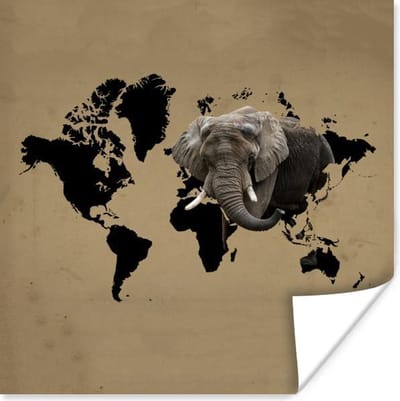 Poster 30x30 cm - Wereldkaart - Olifant - Bruin - Posters - Kamer decoratie - Wanddecoratie woonkamer - Muurdecoratie slaapkamer