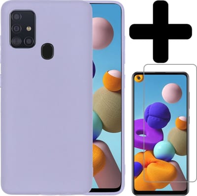 Hoesje - Met Screenprotector - Geschikt voor Samsung Galaxy A21s - Sterk & Shockproof - Telefoon Hoes - Back Cover - Siliconen Case - Telefoonhoes - Lila