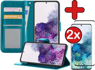 Hoesje - Met 2x Screenprotector - Geschikt voor Samsung Galaxy S20 - Luxe Pasjeshouder - Flip Case - Bookcase Portemonee - Kunstleer Book Case - Flipcase Hoes - Book Cover - Walletcase - Portemonneehoes - Telefoonhoes - Turquoise