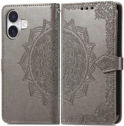 YPCd Bookcase geschikt voor Apple iPhone 16 - Bloemen Design - Portemonnee / Wallet Hoesje - Grijs