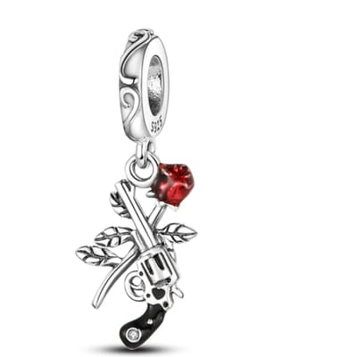 Fler® | Bedel | Past op populaire bedelarmbanden (standaard - 3mm) | Roos & Revolver Bedel | Hangbedel Charm | 925 sterling zilver | Transparante zirkonia | Rode & Zwarte emaille | Armband Kraal | Valentijnsdag Cadeau | Sinterklaas kado | Kerstcadeau