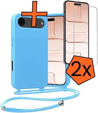 Hoesje Geschikt voor iPhone Air Hoes Met Telefoonketting Met 2x Screenprotector - Backcover Geschikt voor iPhone Air Case Met Koord - Lichtblauw
