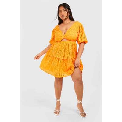 boohoo Dames Plus Geweven Broderie Cut Out Detail Mini-Jurk | Orange | Maat: 24