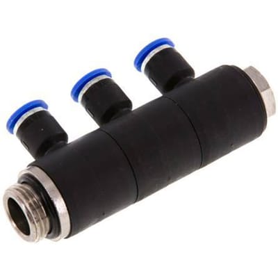 6mm x G3/8'' 3-way Manifold Messing/PA 66 Insteekfitting Buitendraad Draaibaar NBR