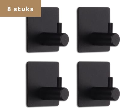 Baulk® - Handdoekhaakjes zelfklevend – Ophanghaken – Wandhaken – Haken zelfklevend – Zonder boren – Set van 8 – Zwart – RVS