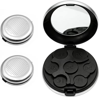 Multifunctionele Draagbare Muntdispenser met Spiegel en 7 Muntindelingen voor Euro's, Ideaal voor Reizen en Restaurants
