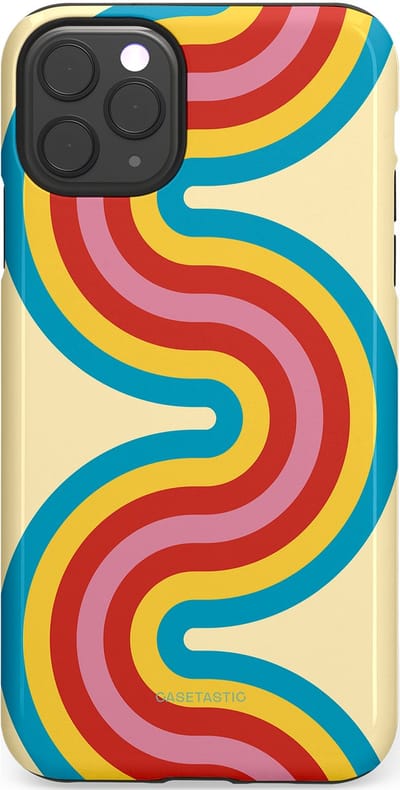 Casetastic hoesje geschikt voor Apple iPhone 11 Pro Max - Dubbellaagse bescherming - Retro kronkels - Fashion Case - Crème Lichtblauw Goud Rood