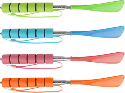4-delige schoenlepel set van kunststof met telescopische functie en gladde randen, handig ophangdesign in zwart, groen, roze en oranje voor gemakkelijk schoenen aantrekken