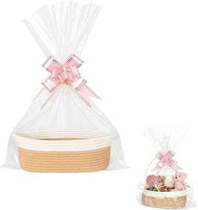 SnelShoppen - Gevlochten mand voor geschenken - Lege cadeau mand met cadeauzakjes en linten - Katoenen touw - Bruiloft, Verjaardag, Thanksgiving, Kers