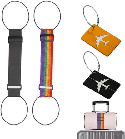 Set van 2 Kofferspanners met Labelhouders, Verstelbare Bagagebanden voor Reizen, Handige Reisaccessoires in Zwart en Goud