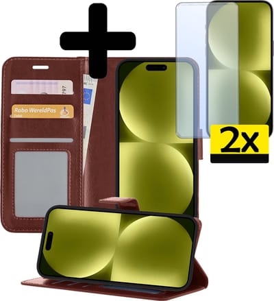 Hoesje - Met 2x Screenprotector - Geschikt voor Apple iPhone 15 - Luxe Pasjeshouder - Bookcase Portemonee - Flip Case - Kunstleer Book Case - Flipcase Hoes - Book Cover - Walletcase - Portemonneehoes - Telefoonhoesjes - Bruin