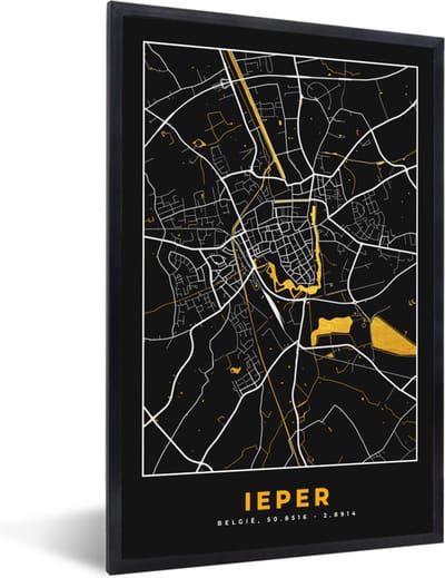 Fotolijst incl. Poster - Ieper - Plattegrond - Kaart - Stadskaart - Goud - 40x60 cm - Posterlijst