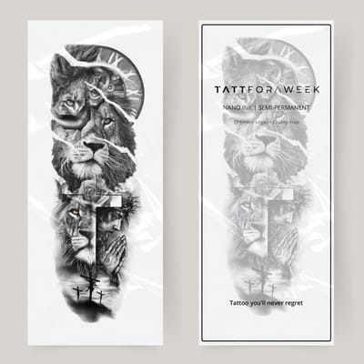 Nep tattoo sleeve leeuw, geloof en klok | Neptattoo volwassenen | Tijdelijke tattoo voor volwassenen | Temporary tattoo | Plaktattoos voor volwassenen | Neptattoos | Probeer zorgeloos een tattoo | tattforaweek