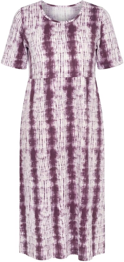 Ulla Popken - Dames - Midi-jurk tie-dye strepen A-lijn ronde hals korte mouw - Nougat bruin - Maat 42+